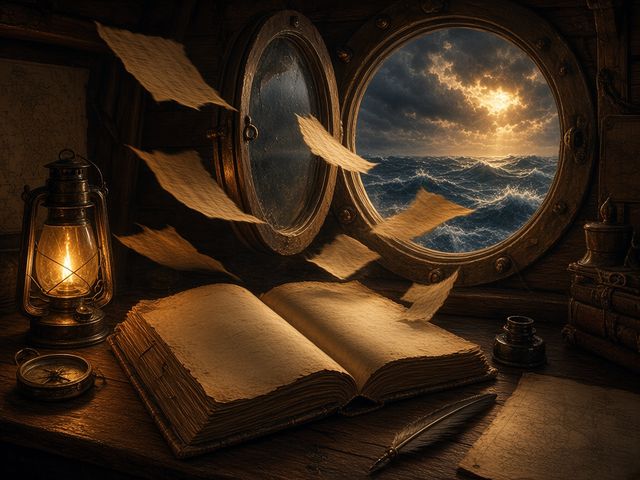 Ship logbook with pages blowing away in a storm