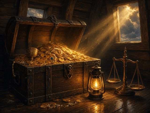 Treasure chest of gold beside a balance scale