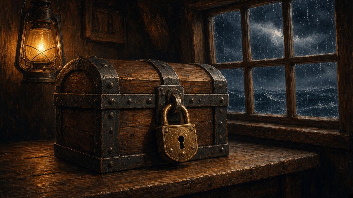 Locked captain\'s strongbox in a ship cabin